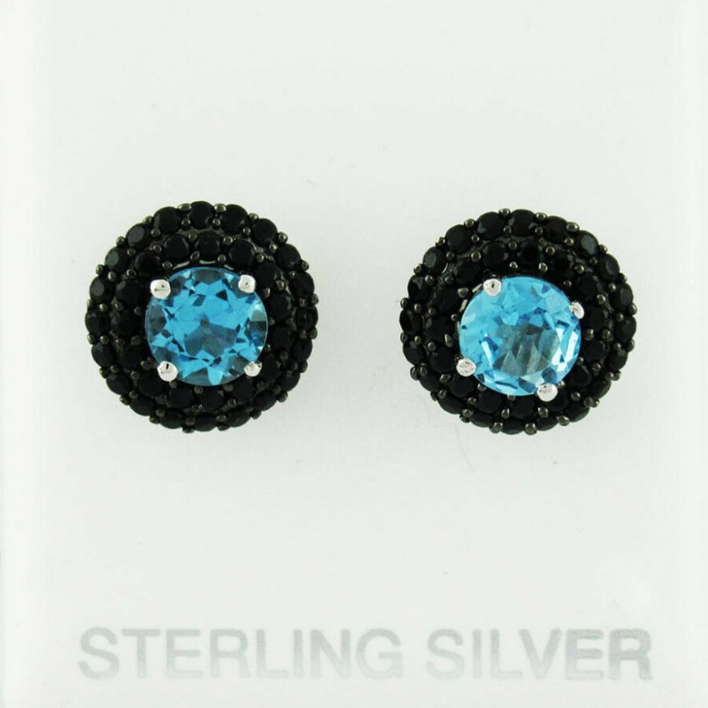 GENUINE 2.10 Cts BLUE TOPAZ & BLACK ONYX STUD EARRINGS .925 Silver
